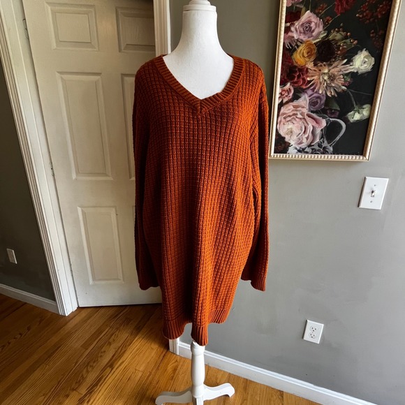 Oversized V-Neck Sweater Dress Copper Waffle Knit Long Sleeve Tunic - Picture 1 of 10